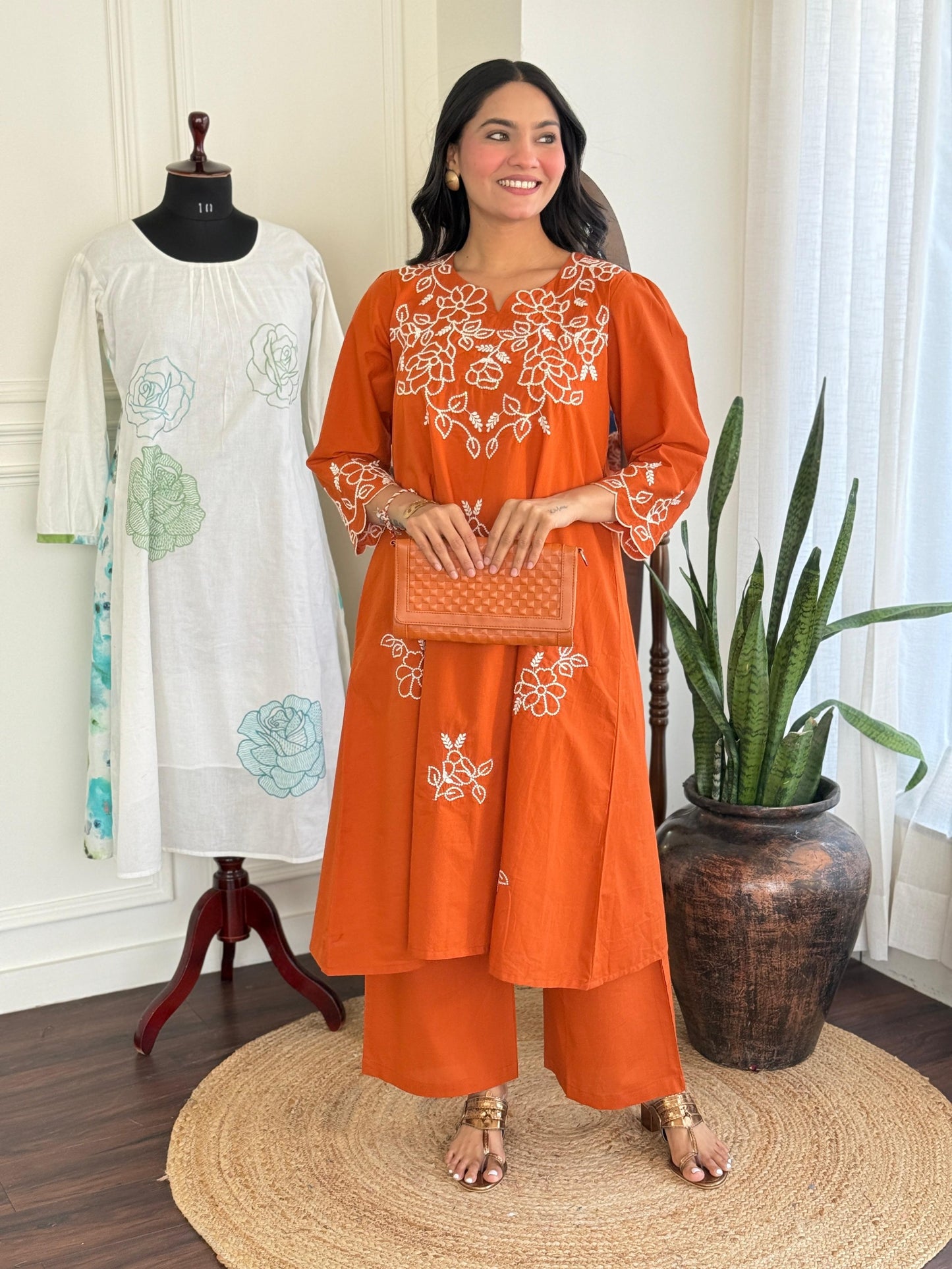Amber Bloom Embroidered Jaipuri Cotton Kurti Pant Set