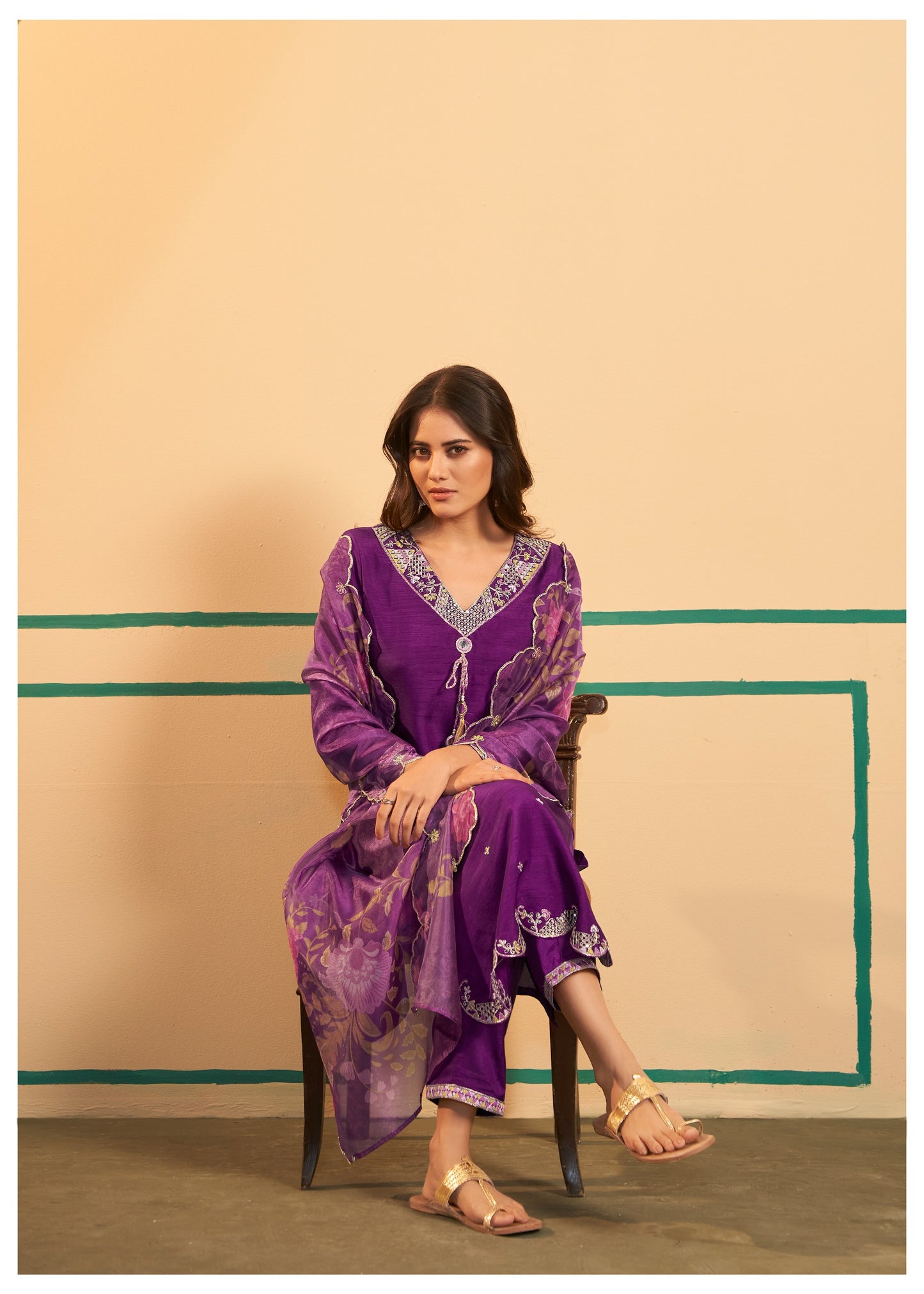 Royal Orchid Pure Dola Silk Embroidered Kurti Pant Dupatta Set