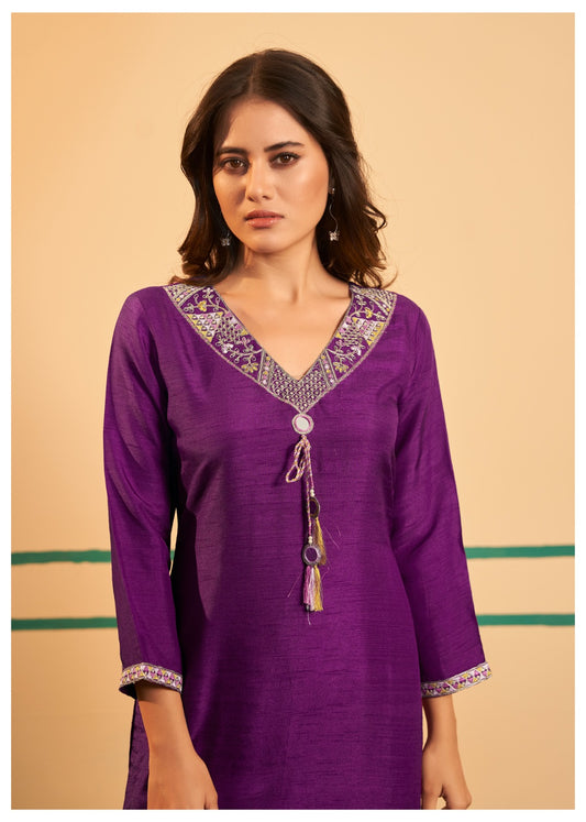 Royal Orchid Pure Dola Silk Embroidered Kurti Pant Dupatta Set