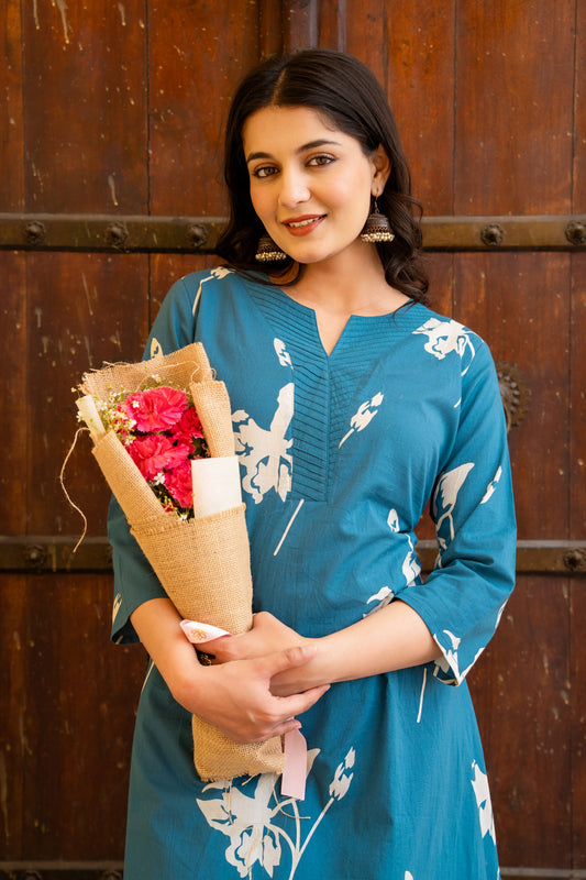 Azure Bloom Jaipuri Cotton Printed Kurti Pant Set