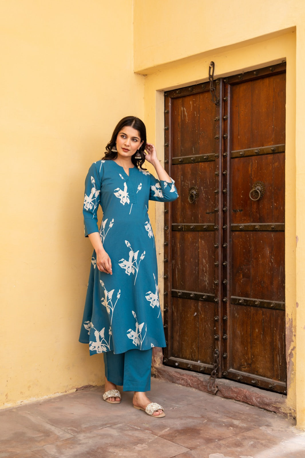 Azure Bloom Jaipuri Cotton Printed Kurti Pant Set