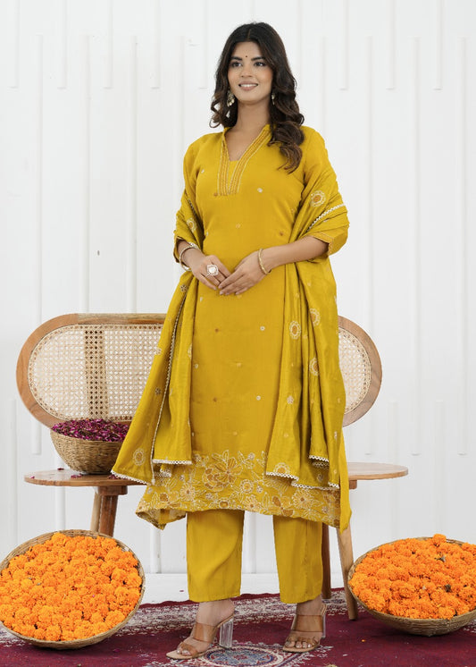 Mustard Bloom Mul Chanderi Embroidered Suit Set