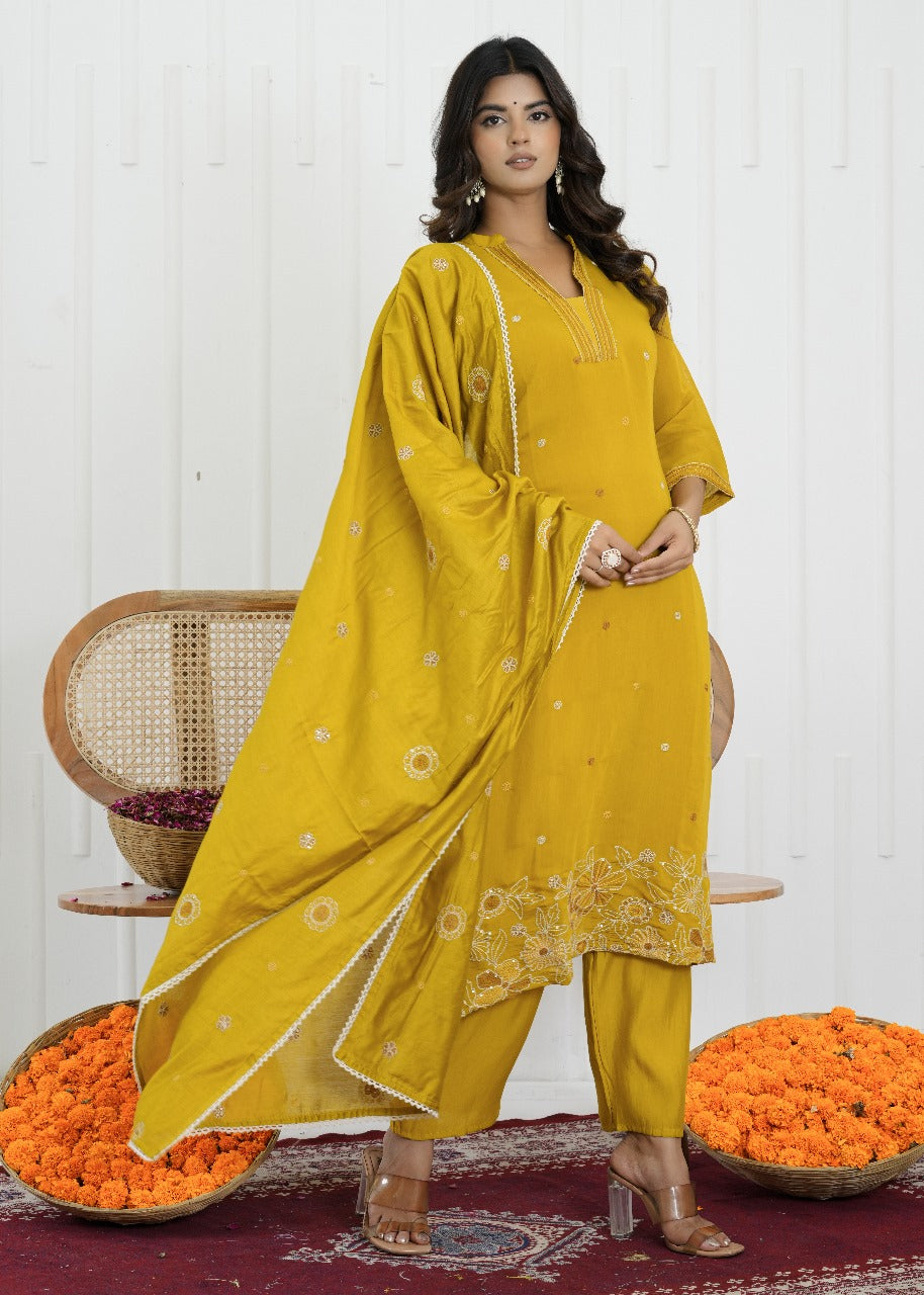 Mustard Bloom Mul Chanderi Embroidered Suit Set
