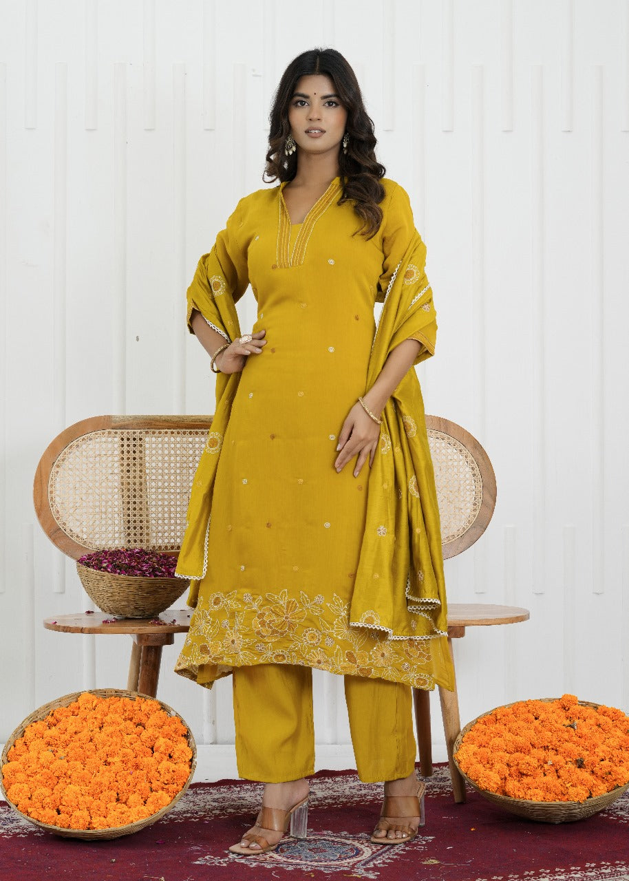 Mustard Bloom Mul Chanderi Embroidered Suit Set
