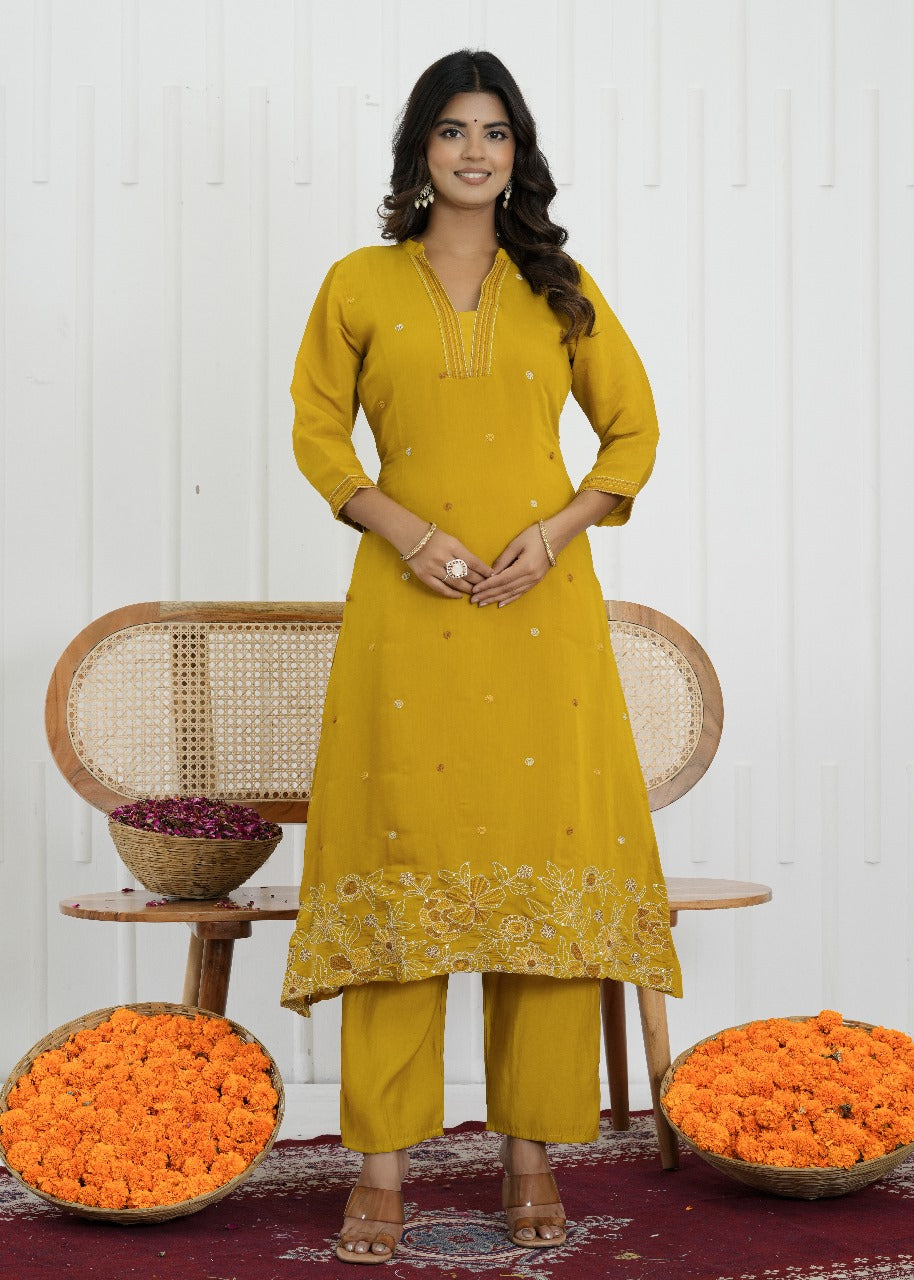Mustard Bloom Mul Chanderi Embroidered Suit Set