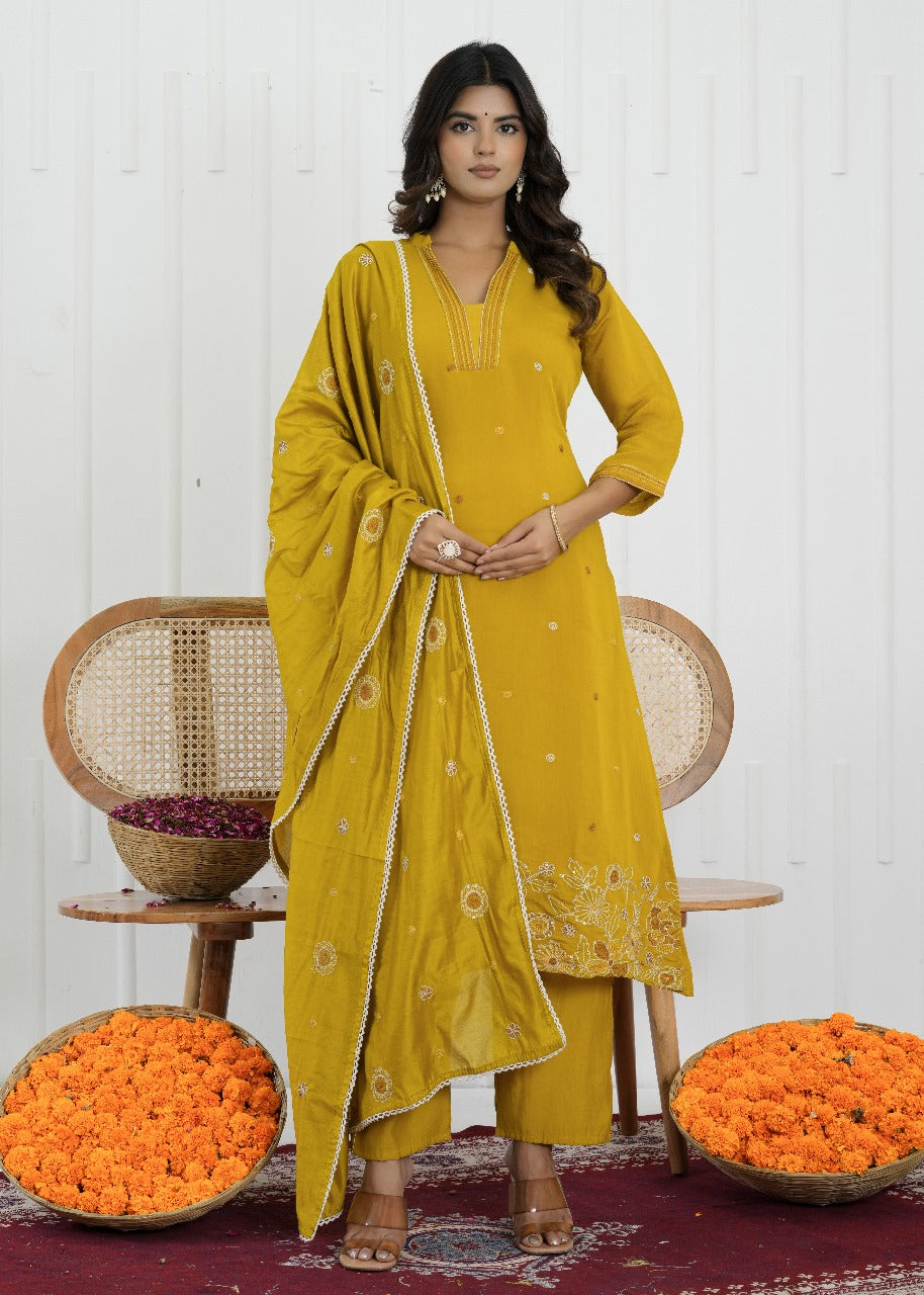 Mustard Bloom Mul Chanderi Embroidered Suit Set