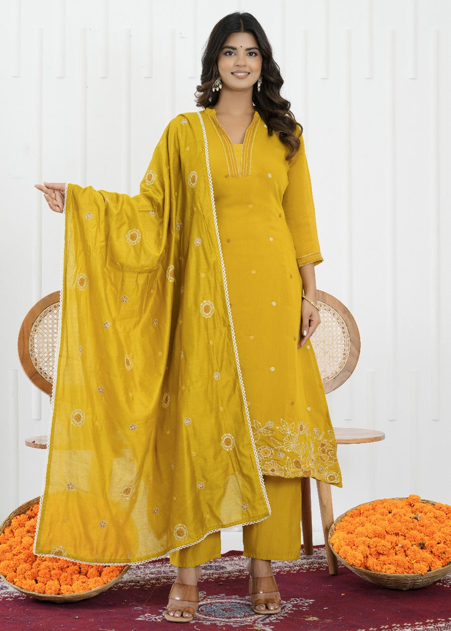 Mustard Bloom Mul Chanderi Embroidered Suit Set