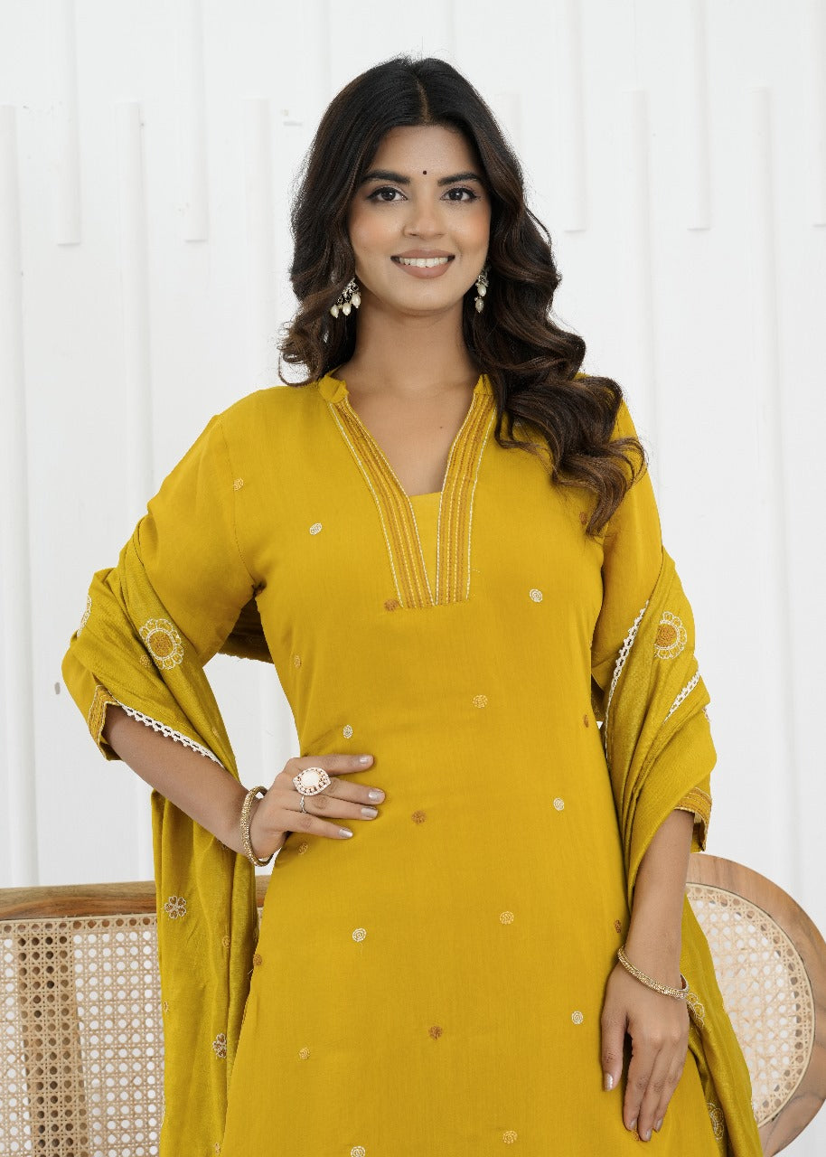 Mustard Bloom Mul Chanderi Embroidered Suit Set