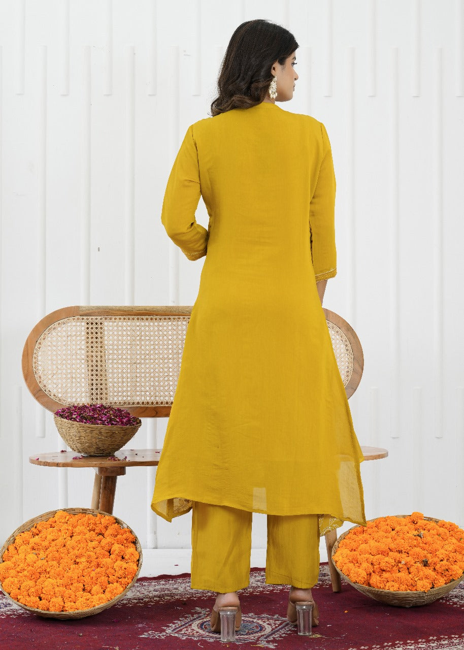 Mustard Bloom Mul Chanderi Embroidered Suit Set