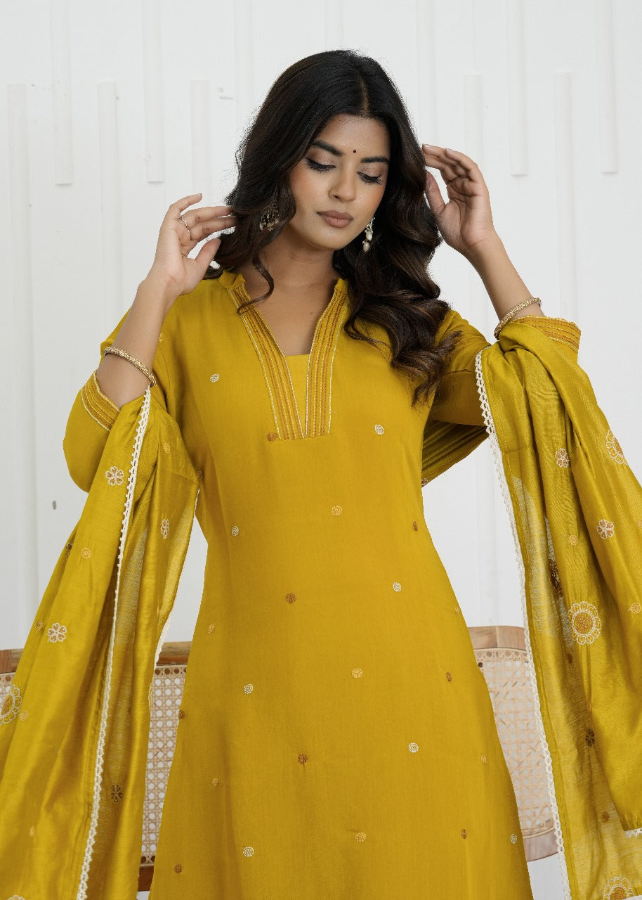 Mustard Bloom Mul Chanderi Embroidered Suit Set