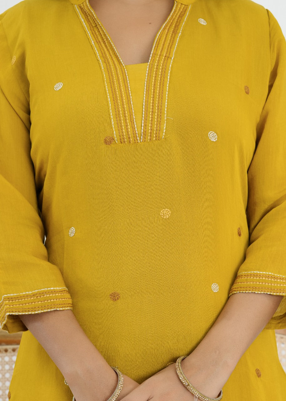 Mustard Bloom Mul Chanderi Embroidered Suit Set