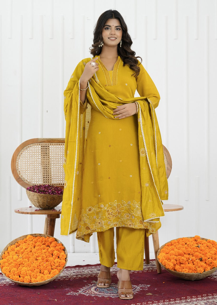 Mustard Bloom Mul Chanderi Embroidered Suit Set