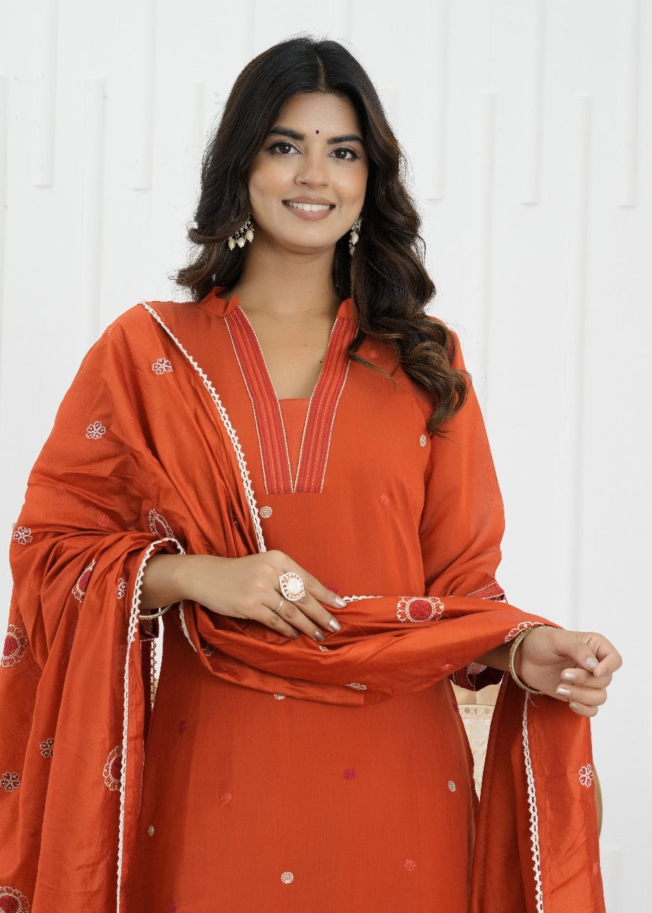 Rust Glow Mul Chanderi Embroidered Suit Set