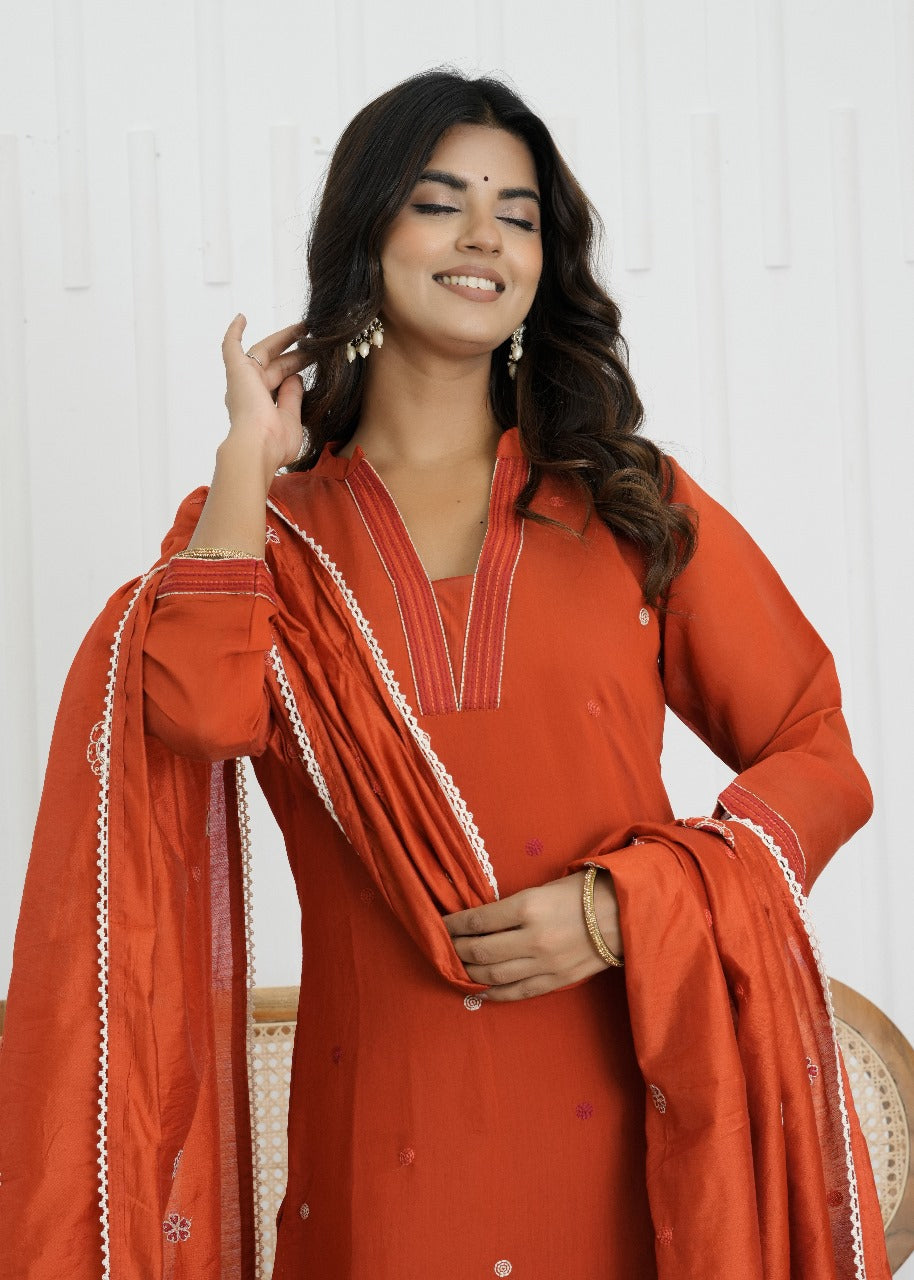 Rust Glow Mul Chanderi Embroidered Suit Set