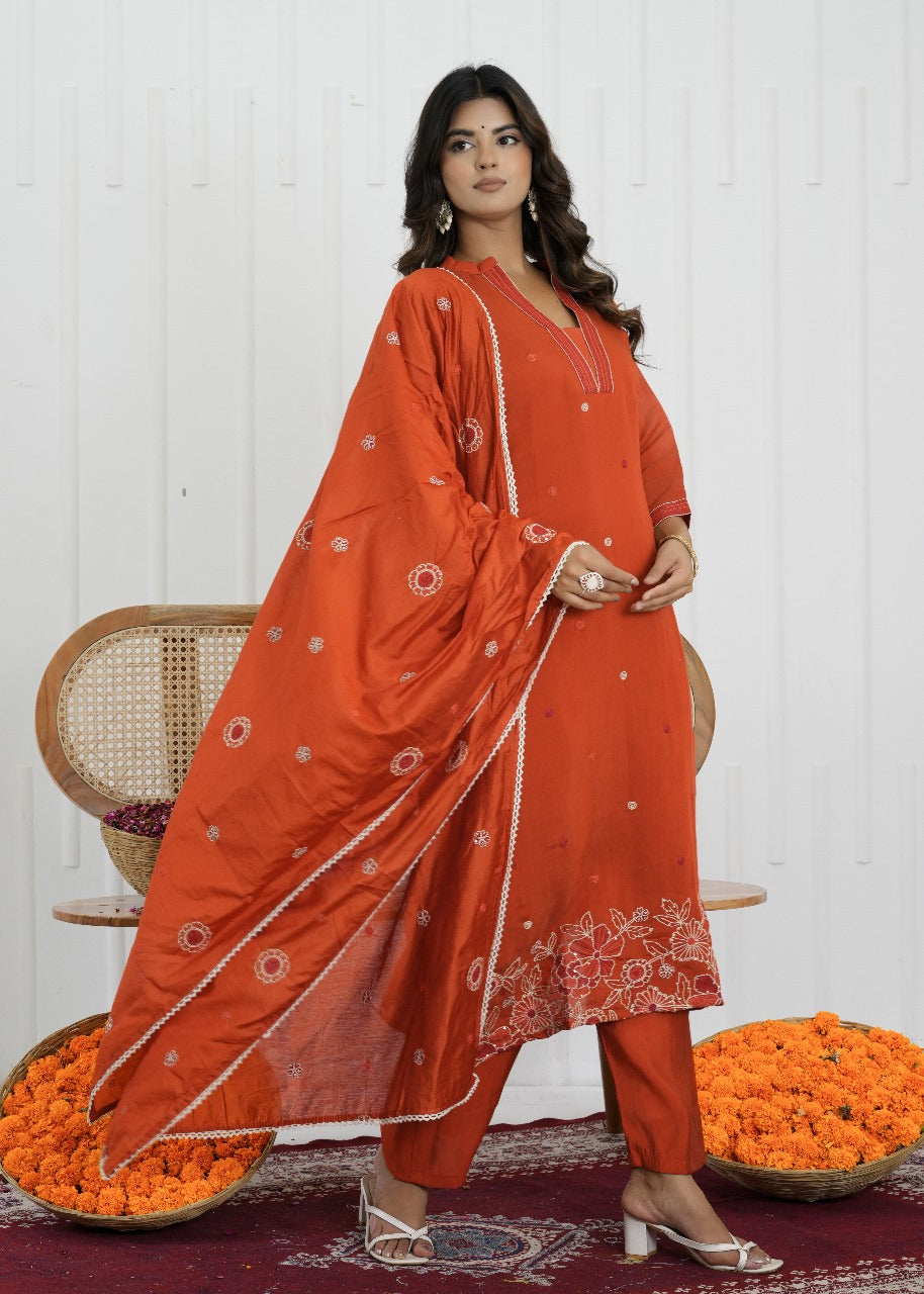 Rust Glow Mul Chanderi Embroidered Suit Set