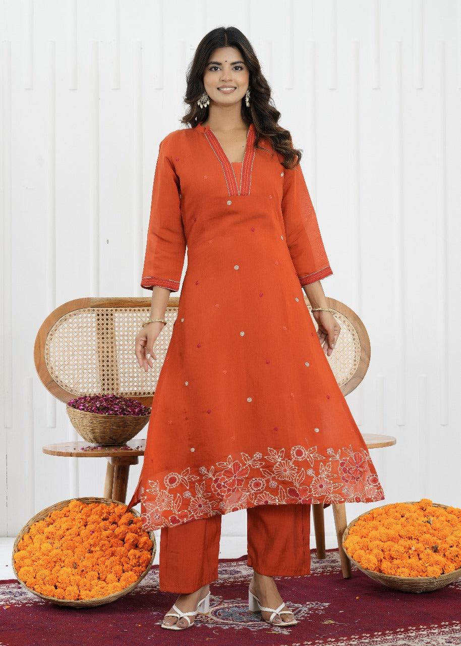 Rust Glow Mul Chanderi Embroidered Suit Set
