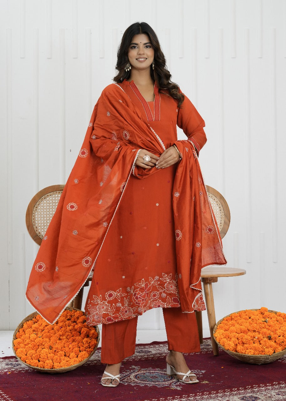 Rust Glow Mul Chanderi Embroidered Suit Set