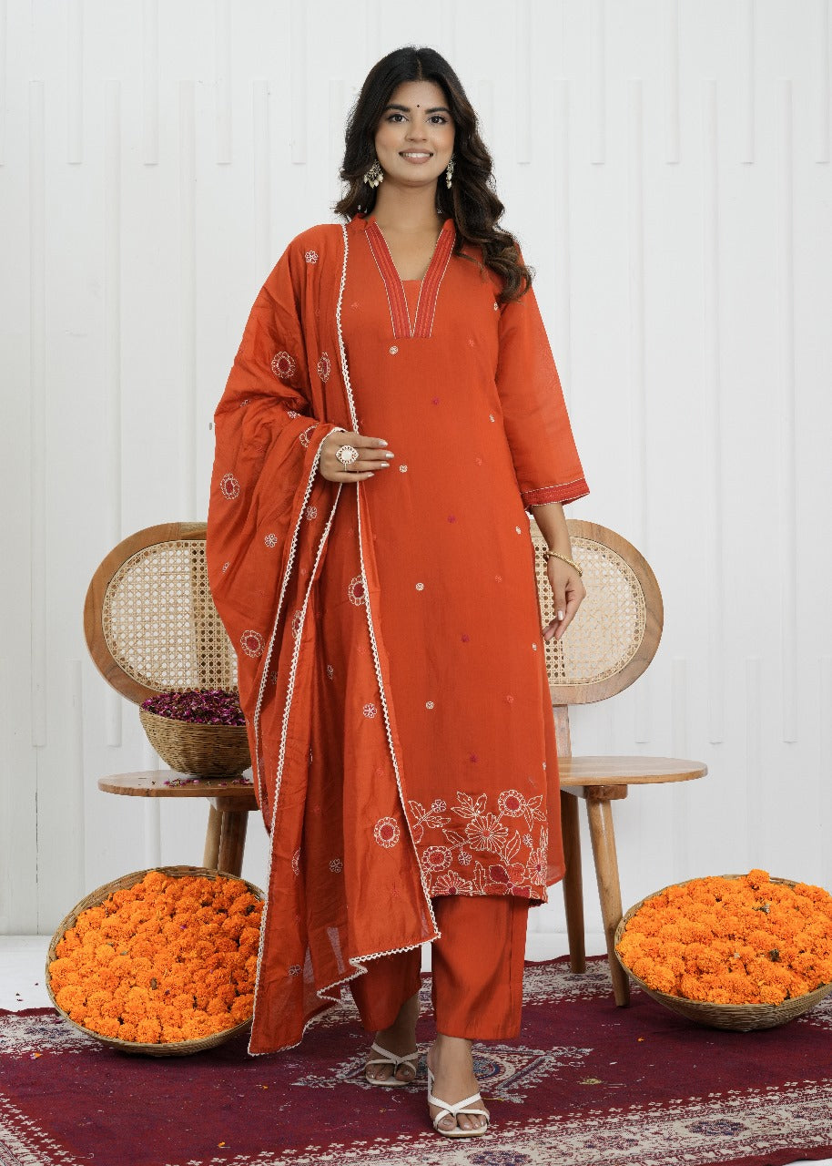 Rust Glow Mul Chanderi Embroidered Suit Set