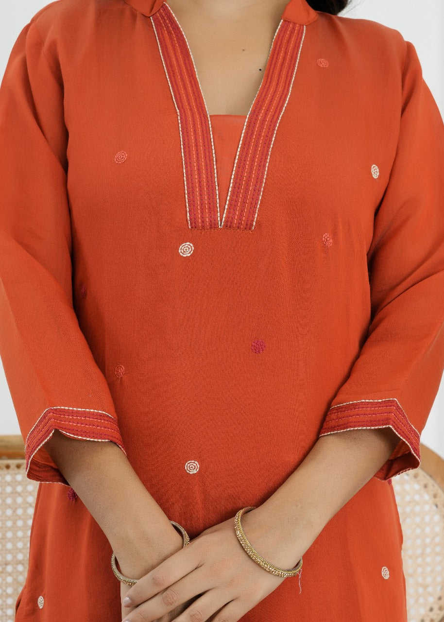 Rust Glow Mul Chanderi Embroidered Suit Set