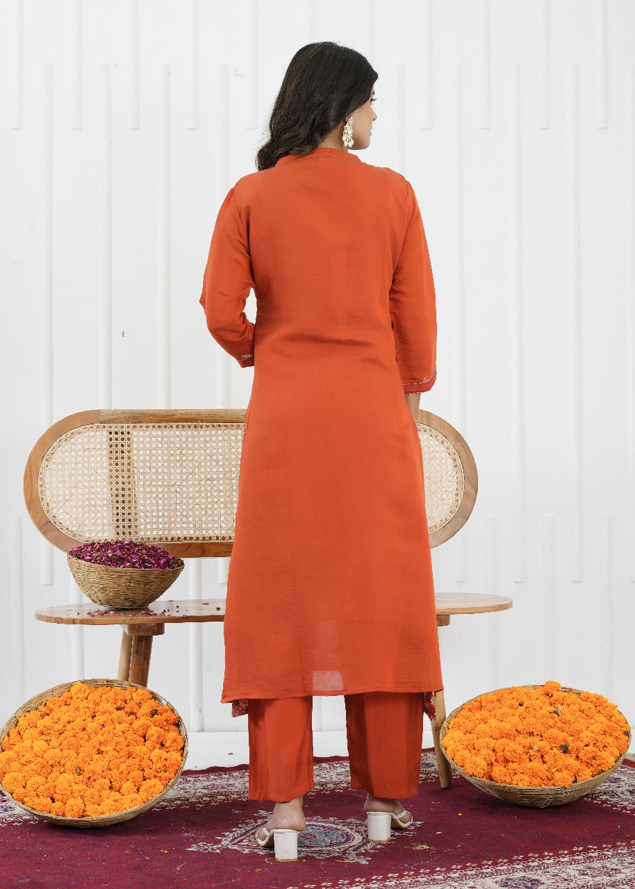 Rust Glow Mul Chanderi Embroidered Suit Set