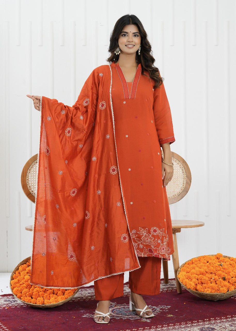 Rust Glow Mul Chanderi Embroidered Suit Set