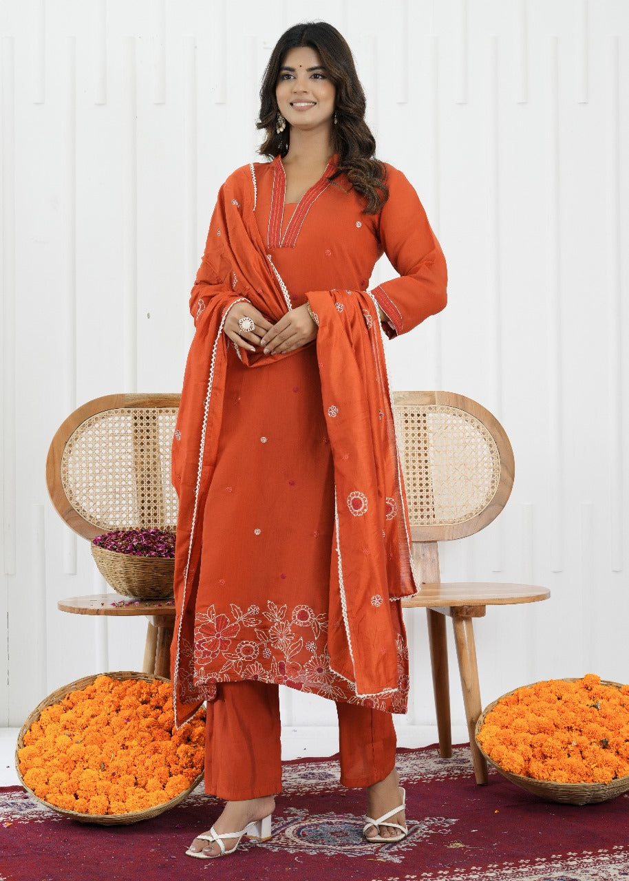 Rust Glow Mul Chanderi Embroidered Suit Set