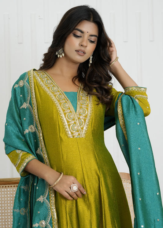 Emerald Glow Vichitra Silk Kalidaar Suit Set