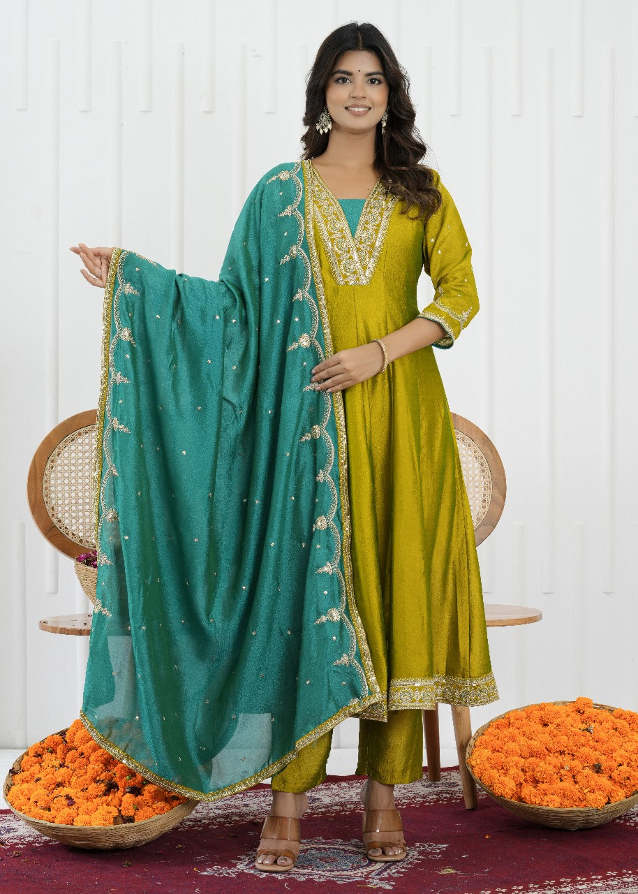Emerald Glow Vichitra Silk Kalidaar Suit Set