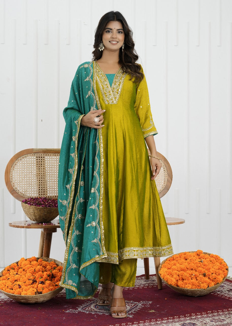 Emerald Glow Vichitra Silk Kalidaar Suit Set