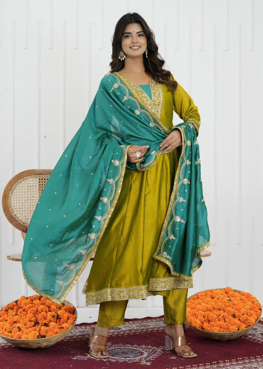 Emerald Glow Vichitra Silk Kalidaar Suit Set