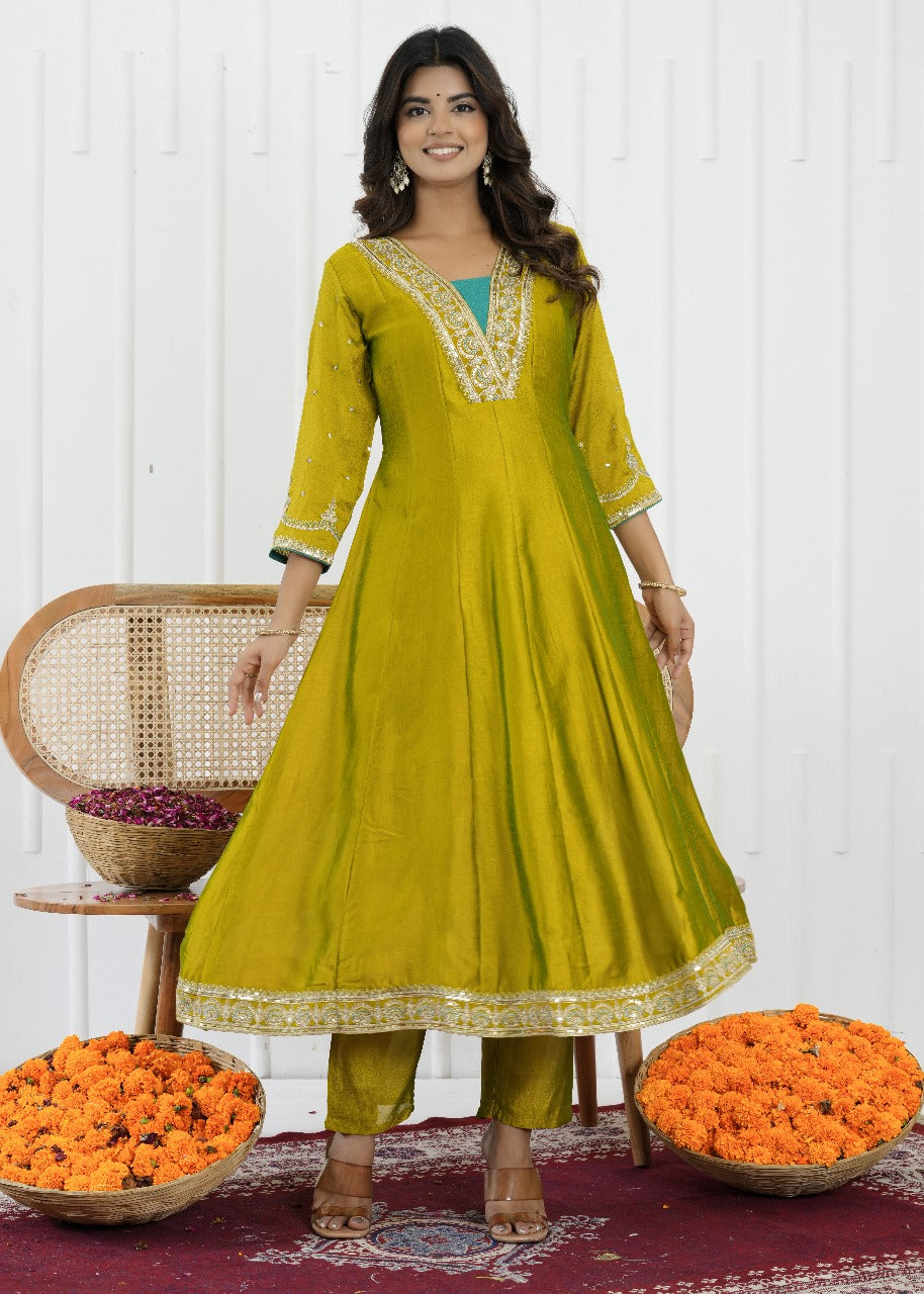 Emerald Glow Vichitra Silk Kalidaar Suit Set