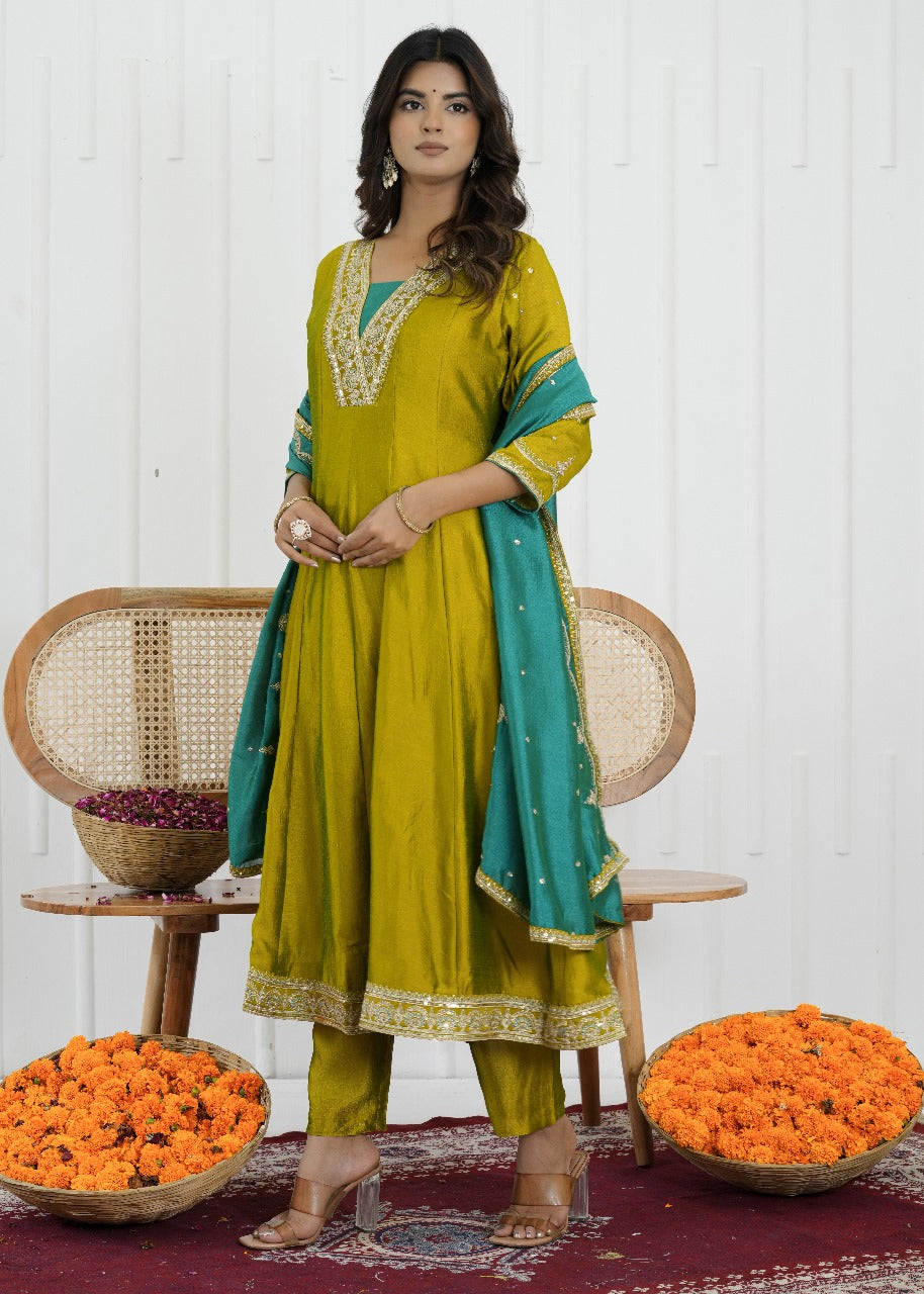 Emerald Glow Vichitra Silk Kalidaar Suit Set