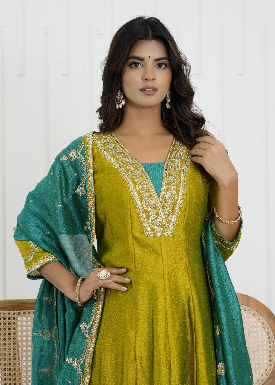 Emerald Glow Vichitra Silk Kalidaar Suit Set