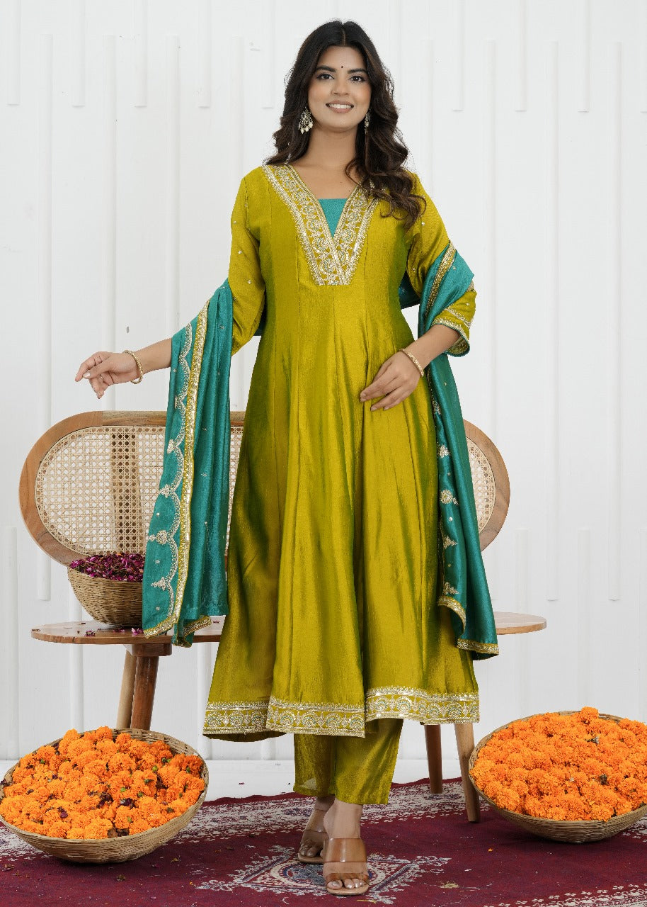 Emerald Glow Vichitra Silk Kalidaar Suit Set