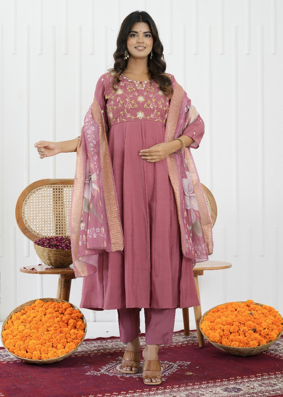 Blush Bloom Mul Chanderi Suit Set