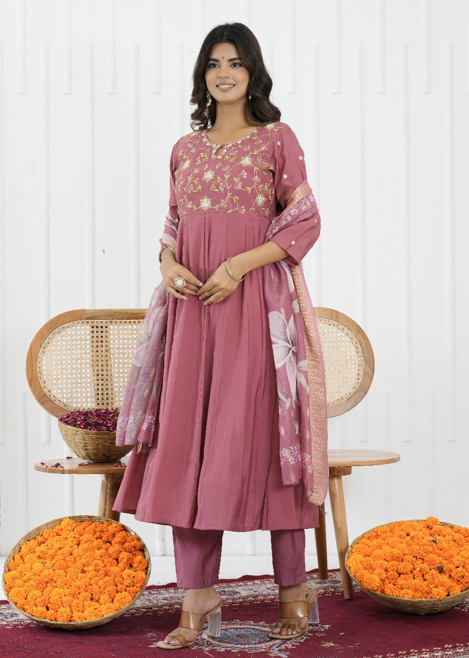 Blush Bloom Mul Chanderi Suit Set