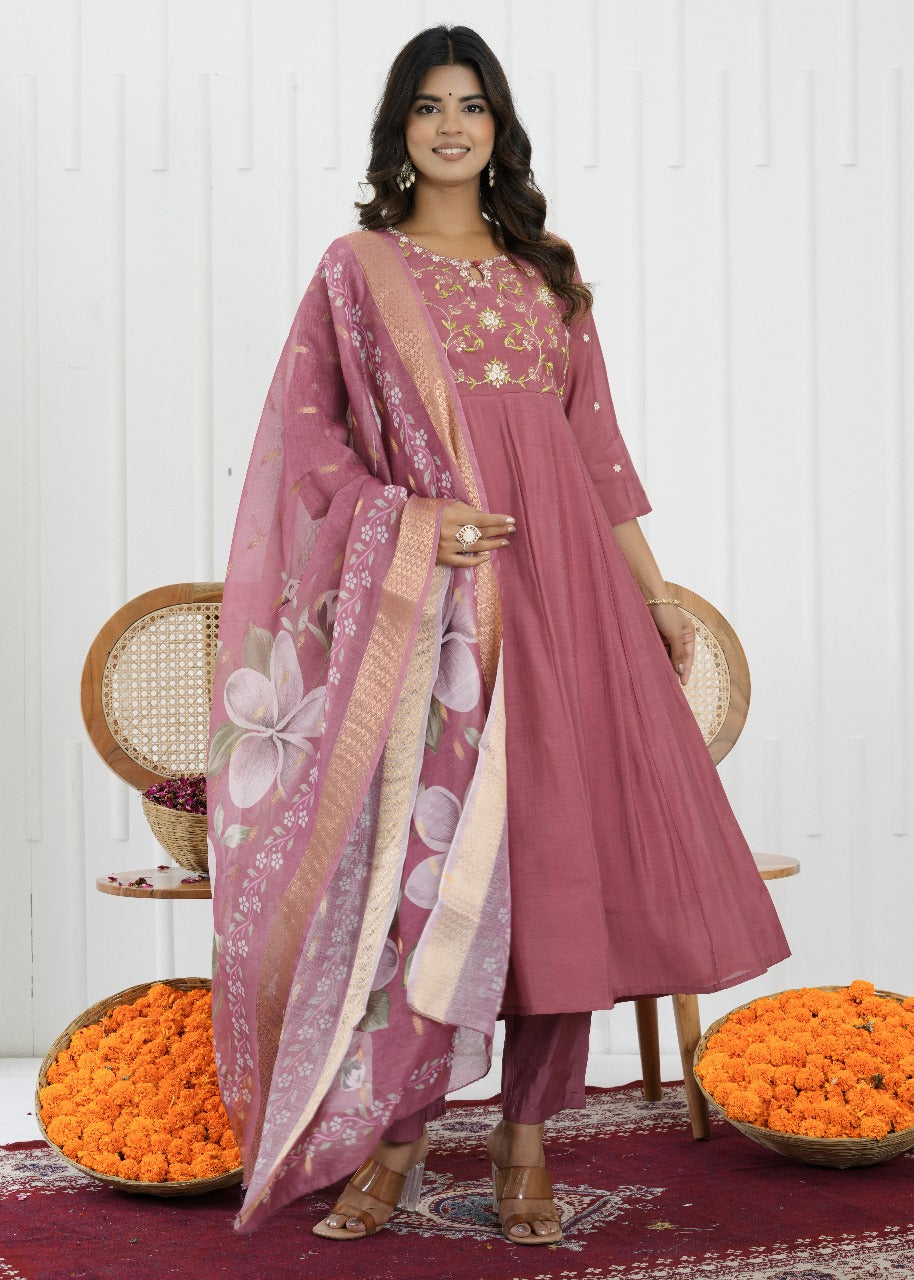 Blush Bloom Mul Chanderi Suit Set