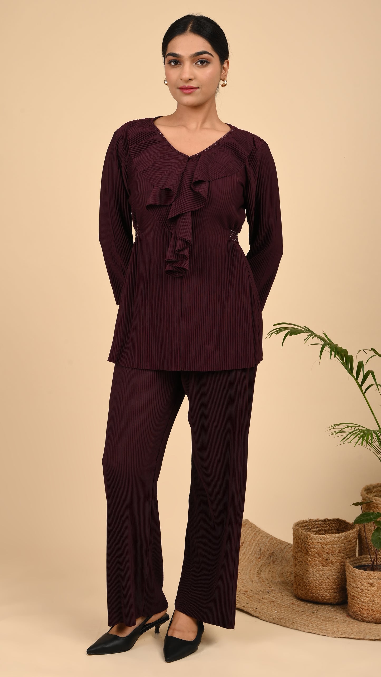 Wine Ruffle Luxe Co-ord Set