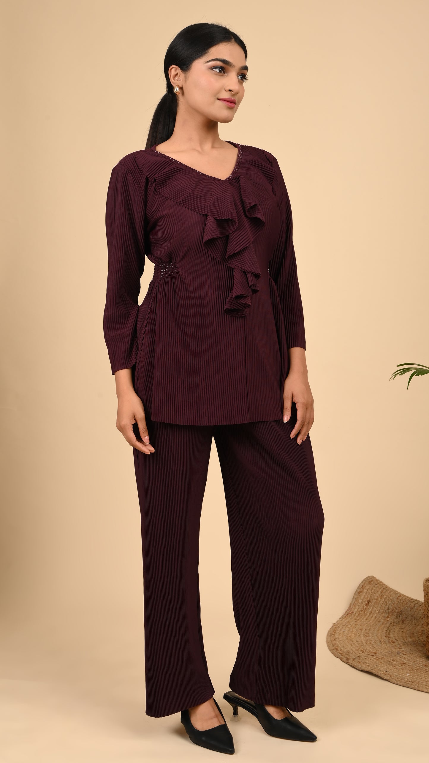 Wine Ruffle Luxe Co-ord Set