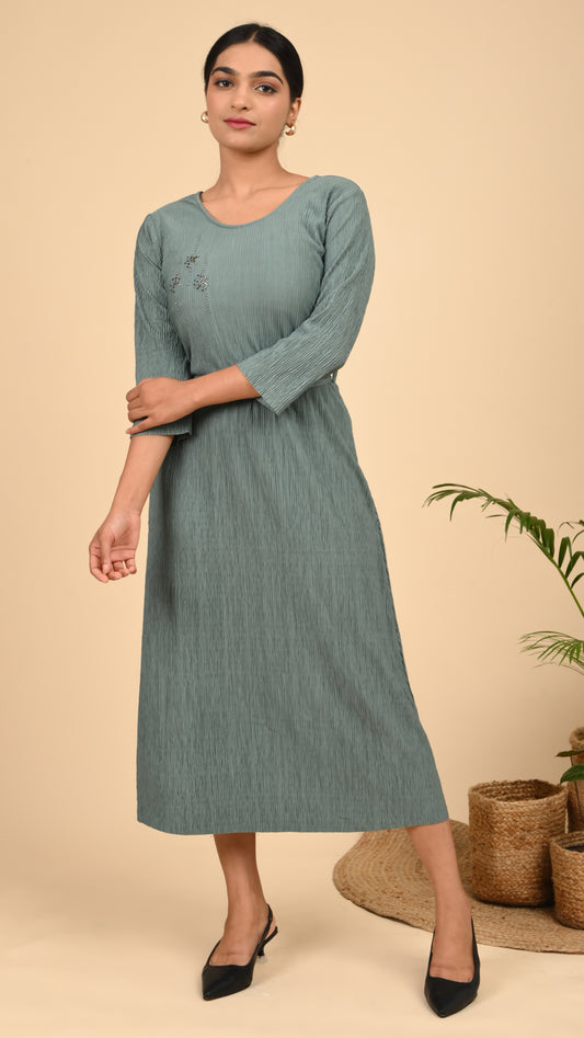 Sage Whisper Embroidered Pleated Midi Dress