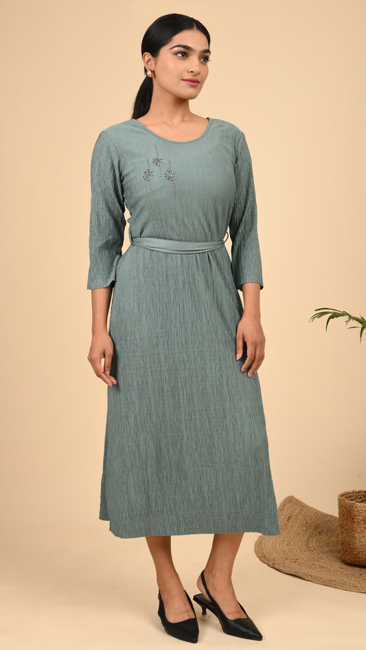 Sage Whisper Embroidered Pleated Midi Dress