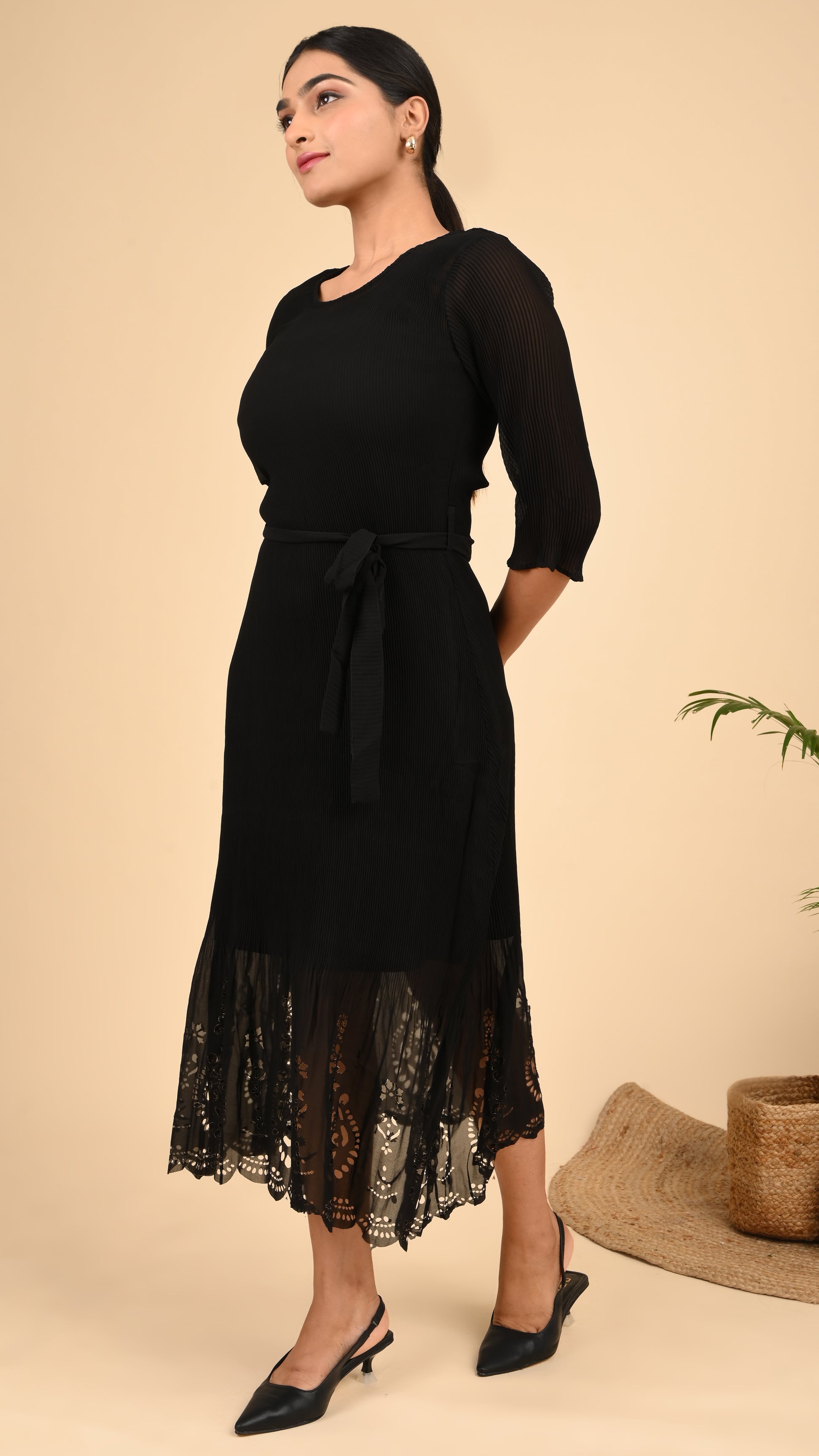 black lace dress india Simkhai Guipure Lace Belted Midi Dress