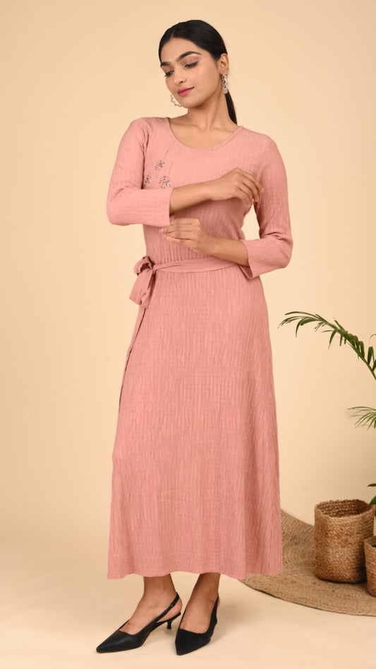 Dusty Rose Bloom Pleated Midi Dress