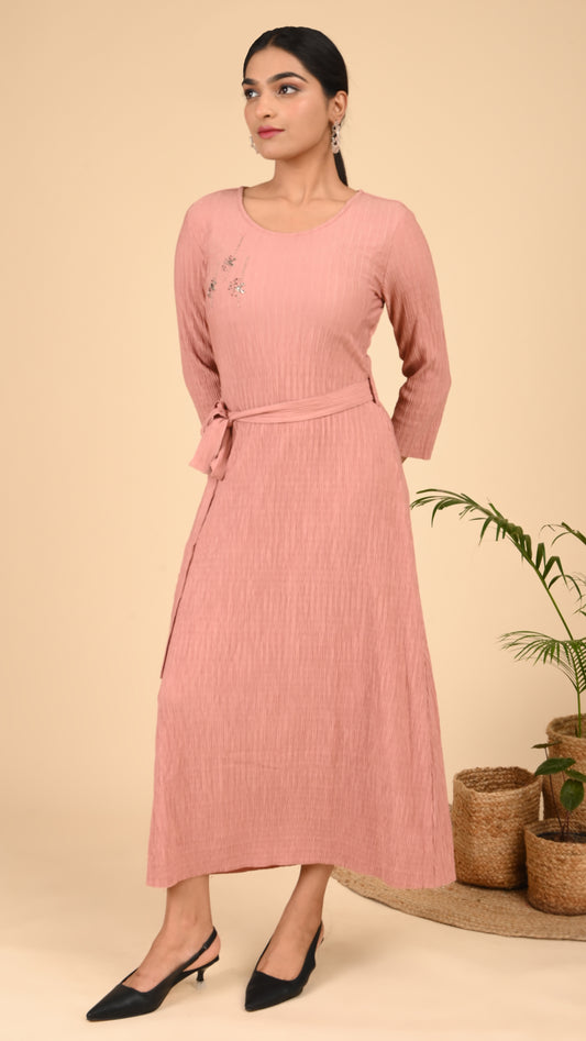 Dusty Rose Bloom Pleated Midi Dress