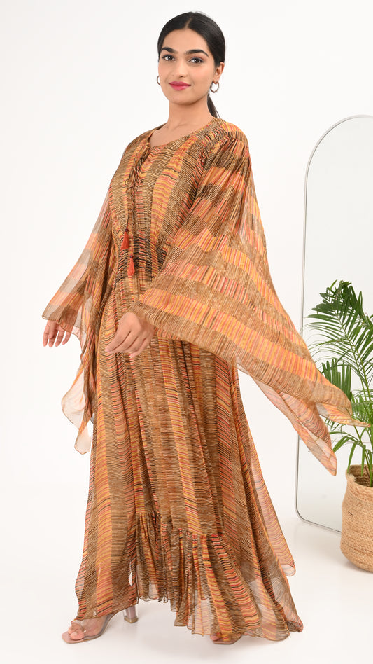Saffron Sunset Pleated Kaftan Midi Dress