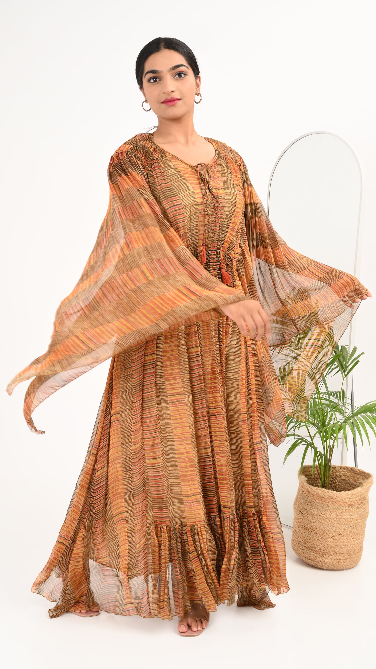 Saffron Sunset Pleated Kaftan Midi Dress