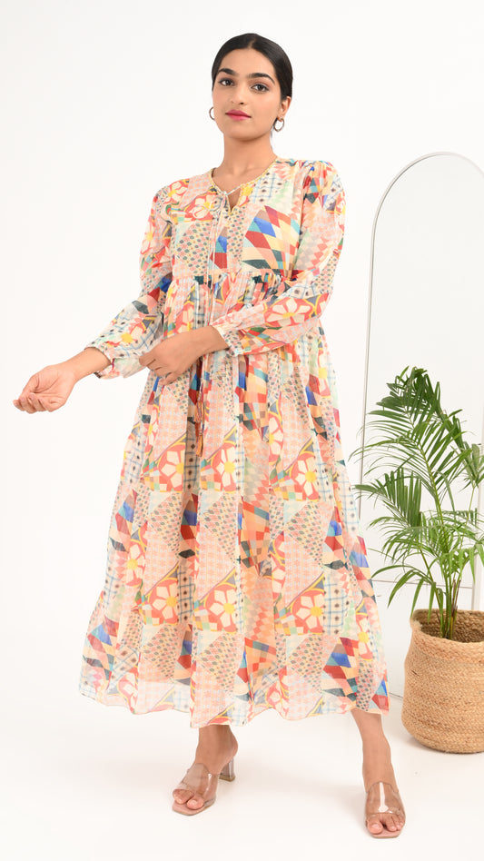 Mosaic Bloom Tiered Midi Dress