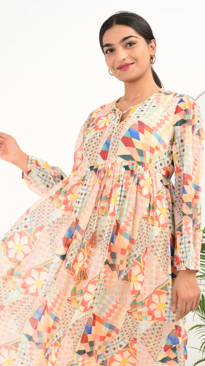 Mosaic Bloom Tiered Midi Dress