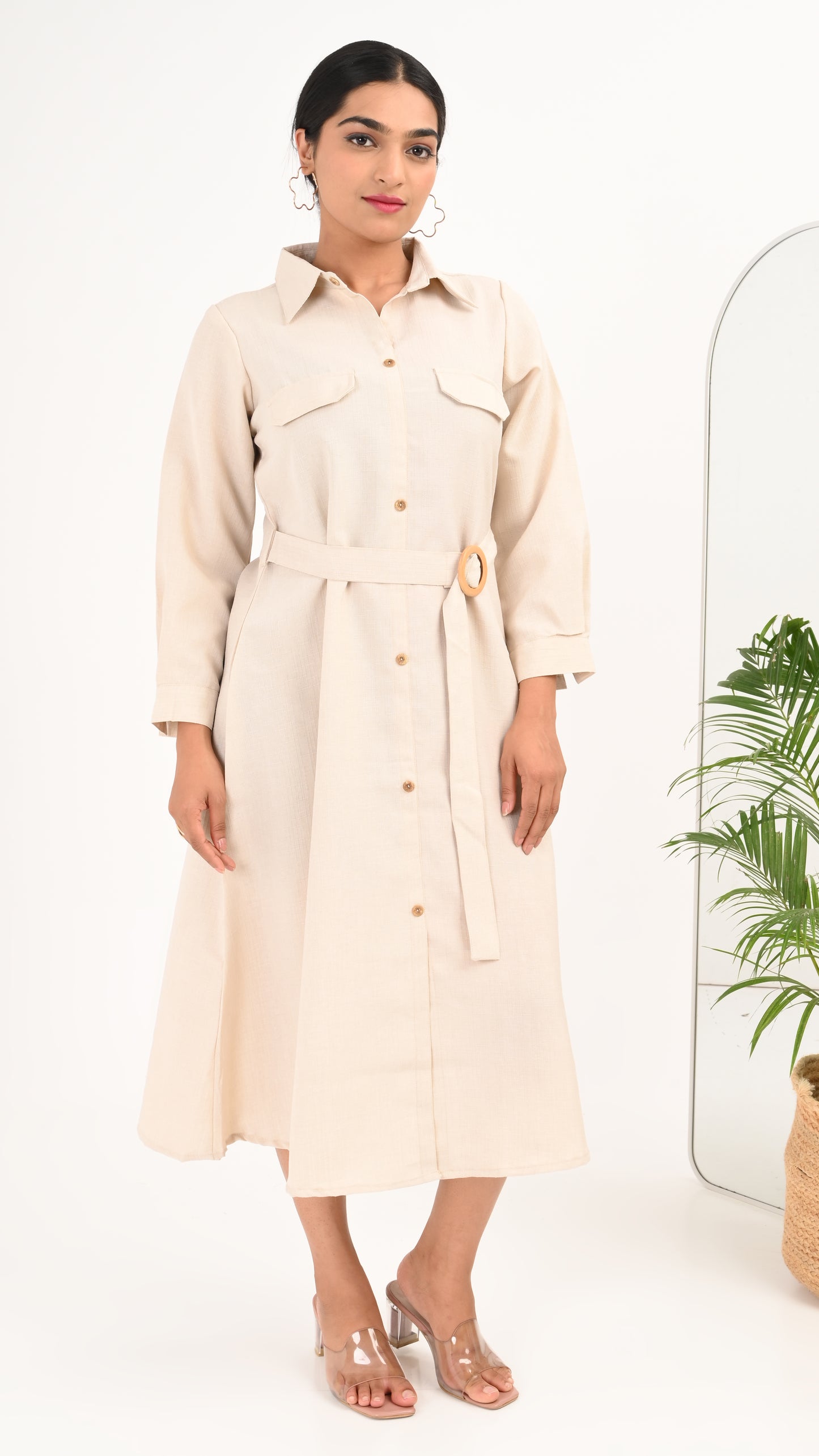 Sand Dune Belted Shirt Midi Dress