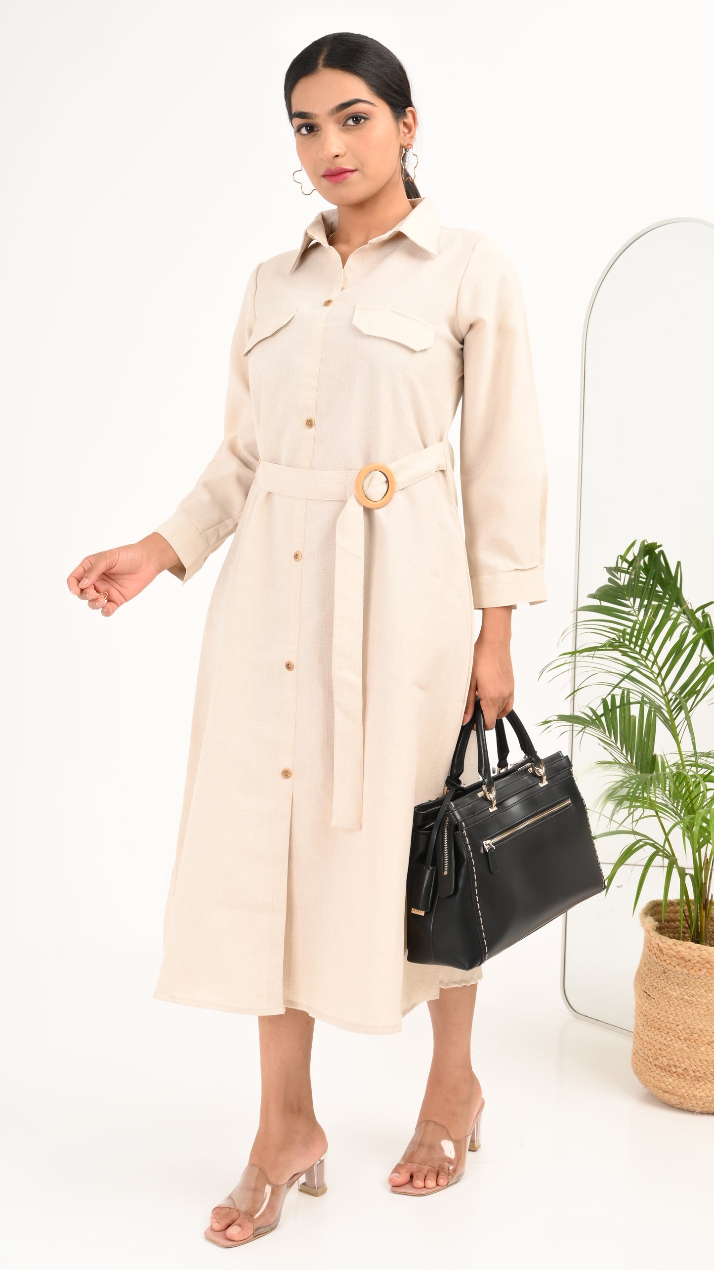 Sand Dune Belted Shirt Midi Dress